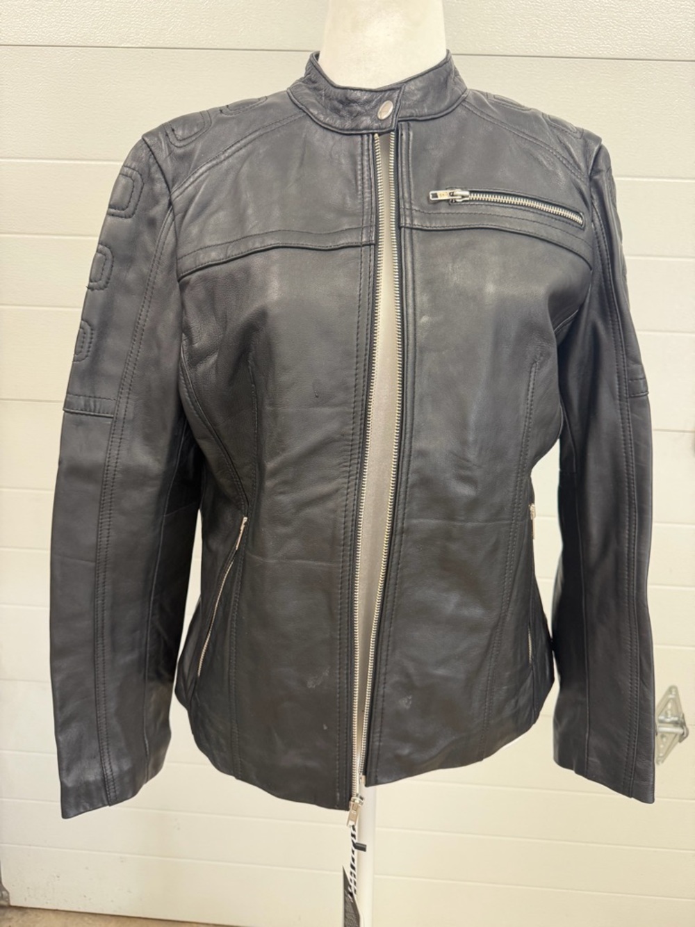 Women's Moto Jacket -  Black Leather with Zip Detail
